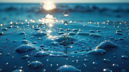 Poster - Glowing water droplets on a serene blue sea surface reflecting sunlight in a tranquil nature background.