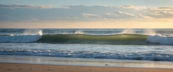 Poster - Calm Morning Surf on a Beach with Gentle Waves and Tranquil Sky Ideal for Text Overlay and Relaxing Seaside Imagery