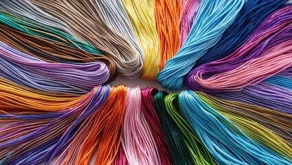 Poster - Colorful assortment of tangled needlecraft silk cords on a white background showcasing vibrant colors and textures for creative projects.
