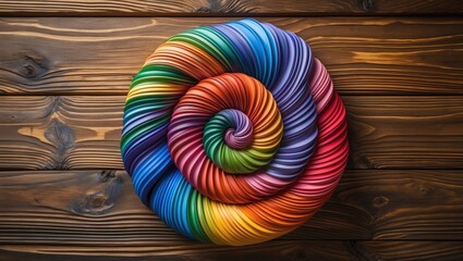 Poster - Vibrant multicolored spiral design on a rustic wooden panel creating an artistic and eye-catching visual texture.