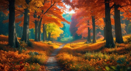 Poster - Vibrant autumn landscape showcasing colorful foliage along a serene pathway through a tranquil forest setting. Perfect for nature backgrounds.