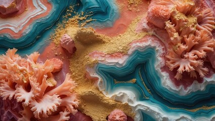 Poster - Vibrant coral and turquoise abstract art featuring shimmering gold accents and elegant organic forms in a contemporary design.