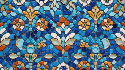 Poster - Ceramic mosaic tile pattern featuring vibrant azure and orange stones creating an intricate wall texture background.