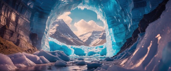 Poster - Majestic mountains framed by a stunning ice cave with blue hues and ice formations creating a breathtaking natural scene.