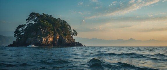 Poster - Serene Island Landscape at Sunrise with Gentle Waves and Clear Sky
