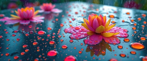 Poster - Colorful water lilies on a wet glass table adorned with sparkling raindrops creating a serene post-rain atmosphere.