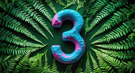 Poster - Colorful number three surrounded by vibrant green fern leaves in a flat lay composition highlighting nature and creativity.