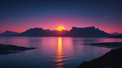 Poster - Serene sunset over distant mountains reflecting on calm sea with vibrant colors and ample blank space for text or graphics.