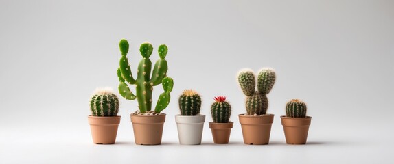 Poster - Variety of Cacti in Terracotta Pots on White Background with Copy Space for Text Ideal for Gardening and Interior Design Themes