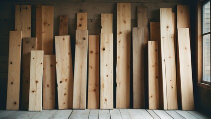 Poster - Stacked natural wooden boards showcasing various textures and shades in a rustic indoor setting for woodworking and interior design projects.