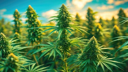 Poster - Vibrant cannabis plants in a field under bright sunlight highlighting the lush green foliage and dense flower buds during summer growth.