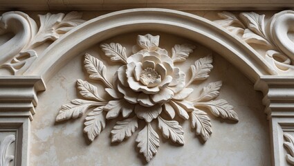 Poster - Ecru relief limestone wall decor featuring intricate floral design in a closeup view illustrating classic architectural elements