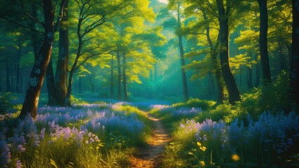 Poster - Lush forest landscape with vibrant greenery and blooming flowers creating a serene natural pathway illuminated by soft sunlight.