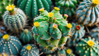 Poster - Vibrant Macro View of Colorful Cacti with Yellow Flowers Against a Lush Green Background for Nature and Botanical Themes
