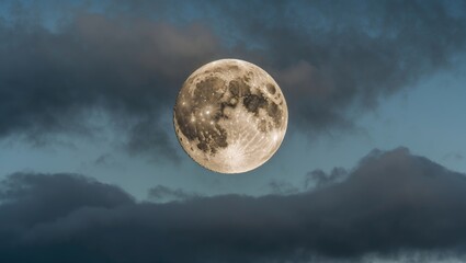 Poster - Radiant Full Moon Illuminating Cloudy Sky with Dark Fog and Negative Space for Text Placement