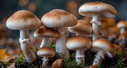Poster - Seasonal Mushrooms Grouping on Mossy Ground with Empty Text Space for Design and Nature Inspired Background Elements