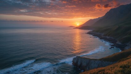 Poster - Tranquil Sunset Over Northern Coastline with Dramatic Clouds and Gentle Waves Reflecting Golden Light