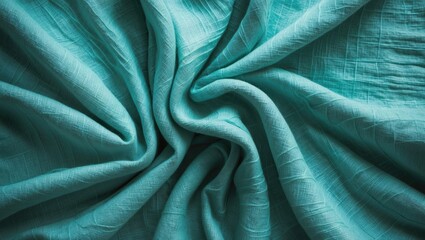 Poster - Turquoise linen fabric texture close-up showcasing natural softness and versatility for upholstery, curtains, and tablecloth applications.