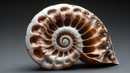 Poster - Intricate nautilus shell showcasing its distinct spiral pattern and natural textures on a dark background for artistic representation.