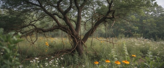 Poster - Majestic tree with twisting vines surrounded by wildflowers and lush greenery in a serene natural landscape ideal for text overlay.