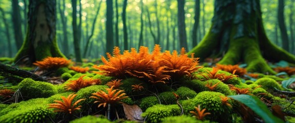 Poster - Vibrant orange moss growing in a lush green forest setting showcasing nature's beauty and macro details of forest floor vegetation.