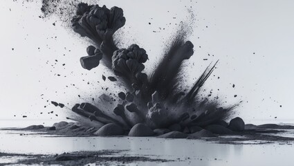 Poster - Dynamic explosion of black powder creating abstract shapes on a white background showcasing the beauty of motion and contrast in art.