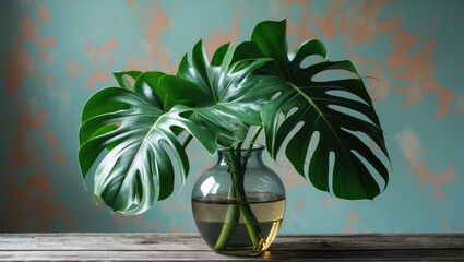 Poster - Monstera leaves elegantly arranged in a clear glass vase against a stylish abstract background enhancing home decor aesthetics.