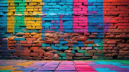 Poster - Vibrant multicolored graffiti on an old brick wall showcasing artistic expression and urban style in a dynamic city environment.