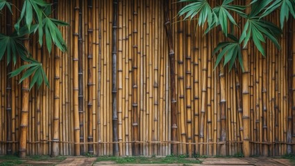 Poster - Bamboo wall texture with lush green leaves showcasing a vintage aesthetic in natural tones perfect for backgrounds and design projects.