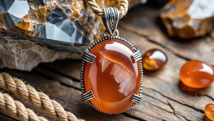 Poster - vibrant carnelian pendant displayed on rustic wooden surface accompanied by gemstones and mineral ro