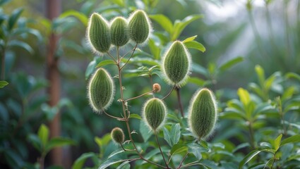 Poster - Mimosa pudica plant with fuzzy seed pods surrounded by lush green leaves in a serene garden setting.