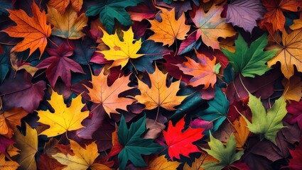 Poster - Vibrant assortment of colorful autumn leaves creating a rich tapestry of seasonal hues on the forest floor