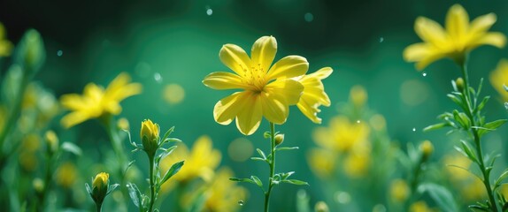 Poster - Closeup of vibrant yellow flower amidst soft green background with blurred effect ideal for natural landscape and ecological design concepts.