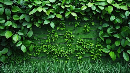 Poster - Lush green leaves creating a vibrant natural wall background with textured grass, ideal for nature-themed projects and designs.