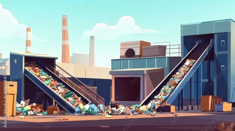 Conveyor belts sorting recyclable waste in a recycling facility with ...