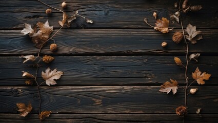 Poster - Dark Wooden Background with Autumn Leaves and Acorns for Rustic or Natural Themes