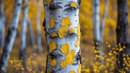 Poster - Birch tree trunk adorned with vibrant yellow spots amidst a forest backdrop showcasing autumnal colors and nature's beauty.