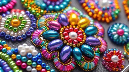 Poster - Vibrant multicolored beads intricately designed for applique crafts showcasing detailed patterns and textures in a close-up view.