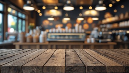 Poster - Wooden tabletop with a blurred coffee shop background ideal for product display or mockup purposes in an inviting atmosphere.