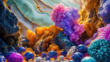 Poster - Vibrant abstract landscape featuring colorful gemstones and marble textures with rich hues and intricate formations in a natural backdrop.