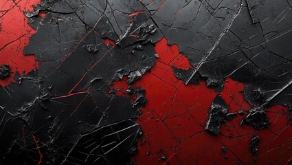 Poster - Weathered black and red metal texture featuring deep scratches and cracks creating a dynamic industrial background for various design projects.