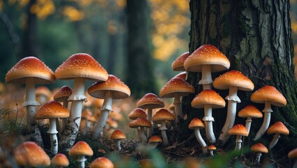 Poster - Vibrant mushrooms growing in a forest clearing at the base of an ancient tree surrounded by colorful autumn foliage.