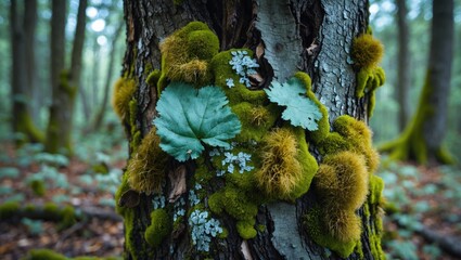 Poster - Moss and Lichen Growth on Tree Trunk in Lush Forest with Green Foliage and Natural Light