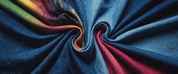 Poster - Vibrant multi-colored denim fabric texture showcasing swirling patterns and shades for fashion and textile design backgrounds