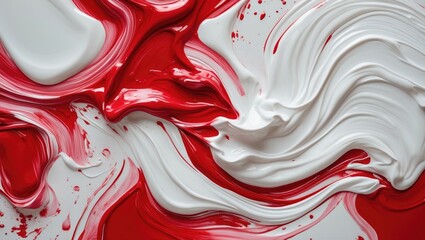 Poster - Abstract art created by blending red and white water-based paint, showcasing dynamic swirls and textures on a canvas background.