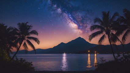 Poster - Serene night landscape with stars and palm trees reflecting over calm water against a mountain backdrop and space for text overlay.