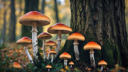 Poster - Vibrant mushrooms with orange caps growing around a tree trunk in a serene forest setting during autumn foliage.