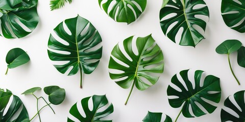 Poster - Monstera leaves arranged on a white background perfect for graphic design or wallpaper with ample space for text or other elements.