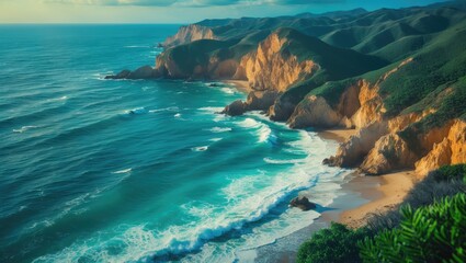Poster - Scenic Ocean Coastline with Rolling Waves and Verdant Green Hills Under a Bright Blue Sky