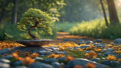 Poster - Serene landscape featuring a bonsai tree on a stone in a vibrant meadow surrounded by colorful flowers and soft sunlight.